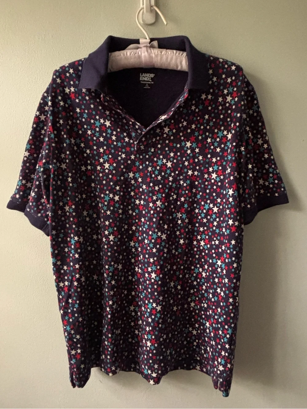 Lands End Polo Shirt Red, White & Blue Stars Men's SZ S